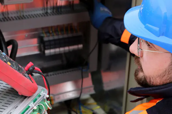 Tecnico al lavoro su un quadro elettrico con dispositivi di protezione